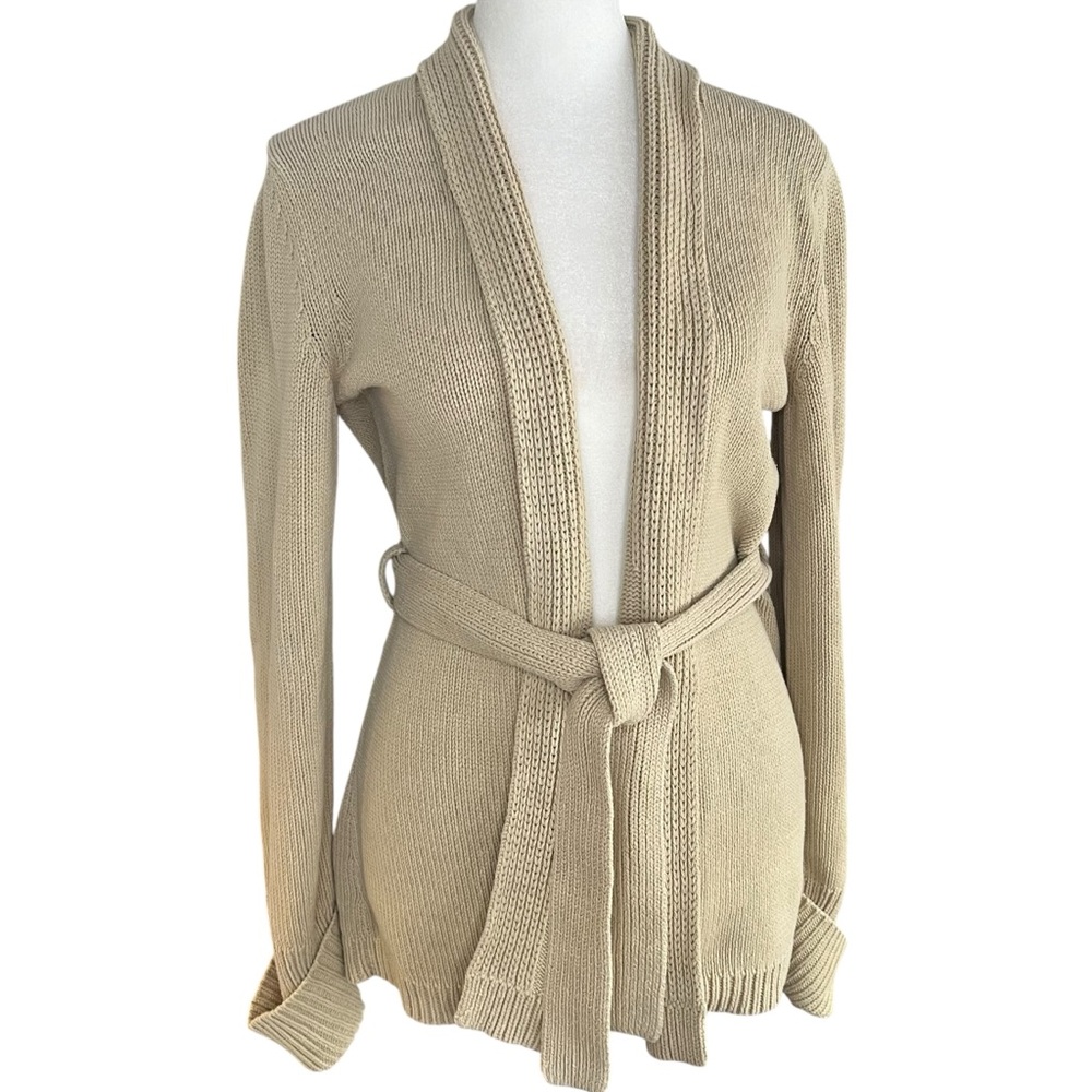 Express Beige/Tan Belted Open-Front Knit Cardigan